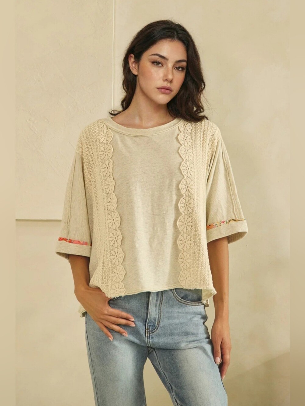 #1613 Oli & Hali Oatmeal Meadow Lace Boho Top